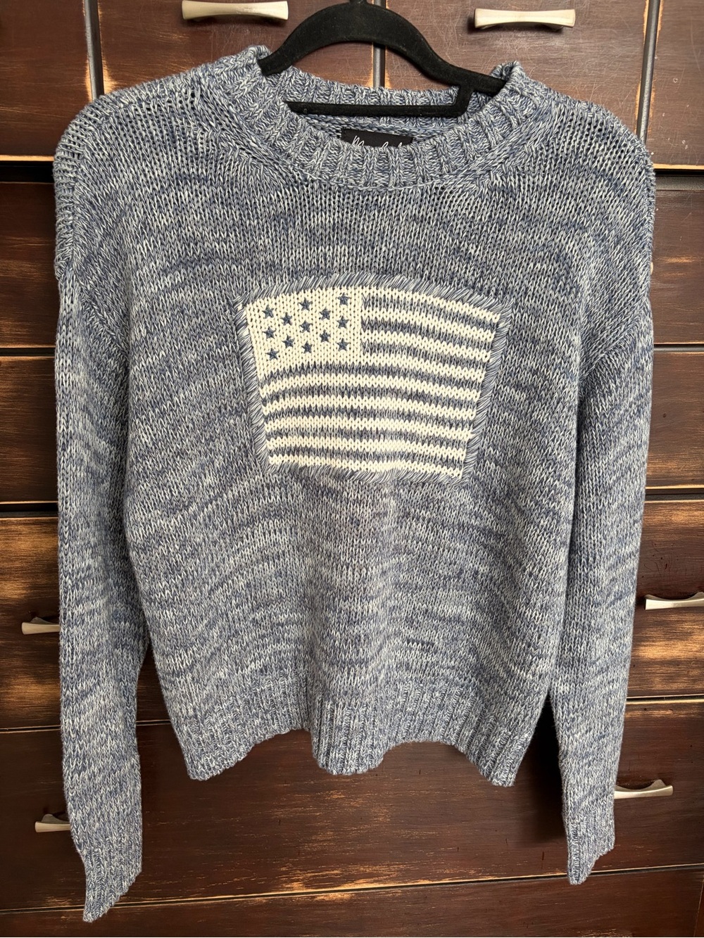 Cozy Blue Marled Flag Knit SweaterSize small